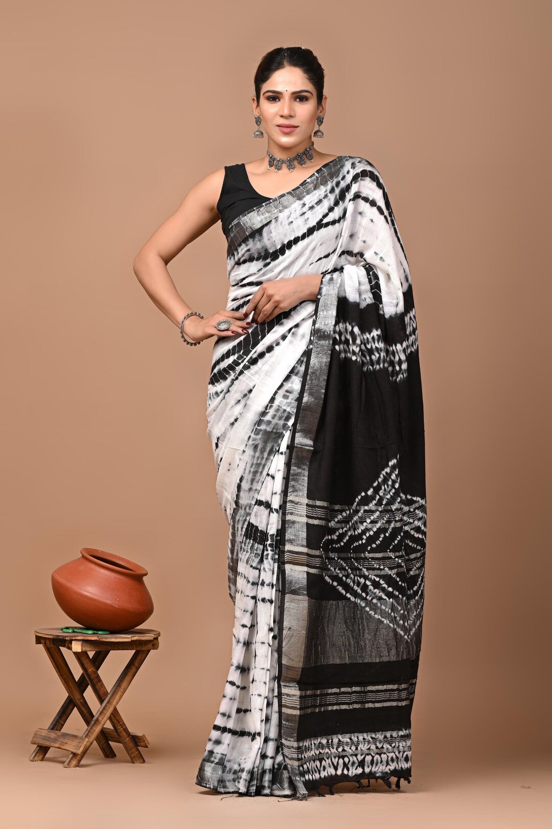 Black Block Wave Border Print Linen Saree with Blouse Piece main image 1