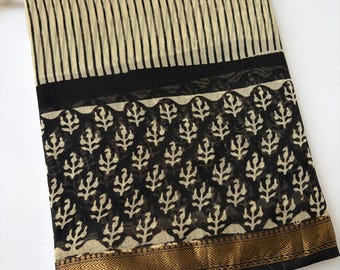 Hand Block Print Maheshwari Silk Saree with Zari Border | Cream and Black Striped Indian Sari | Handcrafted Silk Cotton Sari