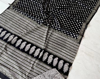 Black Cotton Saree, Hand Block Printed, Ethnic Sari with Blouse Piece