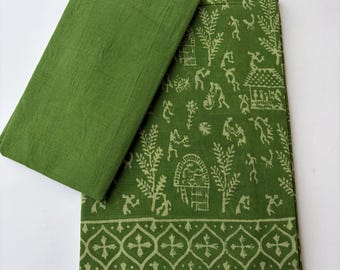 Warli Art Print Pure Cotton Saree with Unstitched Blouse Piece, Olive Green Village Tribal Print Ethnic Saree, Soft Cotton Sari