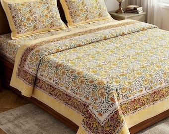 King-Size-Baumwollbettlaken mit 2 Kissenbezügen: Handblock-bedrucktes Bettwäscheset