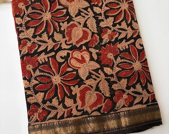 Floral Maheshwari Silk Saree with Zari Border, Indian Ethnic Wear, Maroon Hand Block Traditional Sari