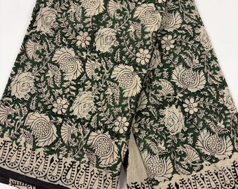 Cotton Saree with Unstitched Blouse Piece, Forest Green Beige Floral Kalamkari Saree, Soft Cotton Sari