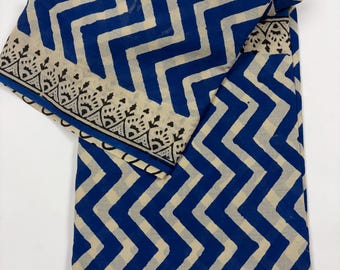 Cotton Saree with Unstitched Blouse Piece, Indigo Blue Leheriya Zigzag Dabu Sarei