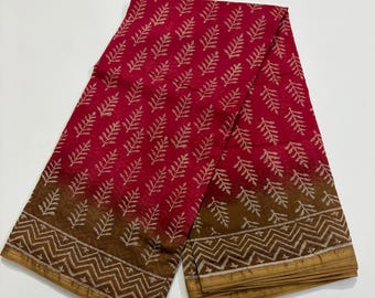 Chanderi Silk Saree with Zari Border, Crimson Red Earthy Brown Dual Tone Ombre Indian Traditional Sari with Blouse, Festive Wear