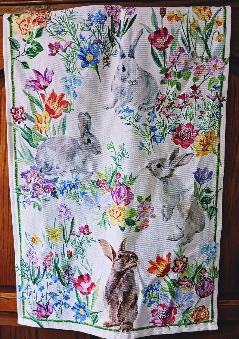 Rabbits in the Garden 100% Cotton Tea Towels With Denim & Lace Standing ...