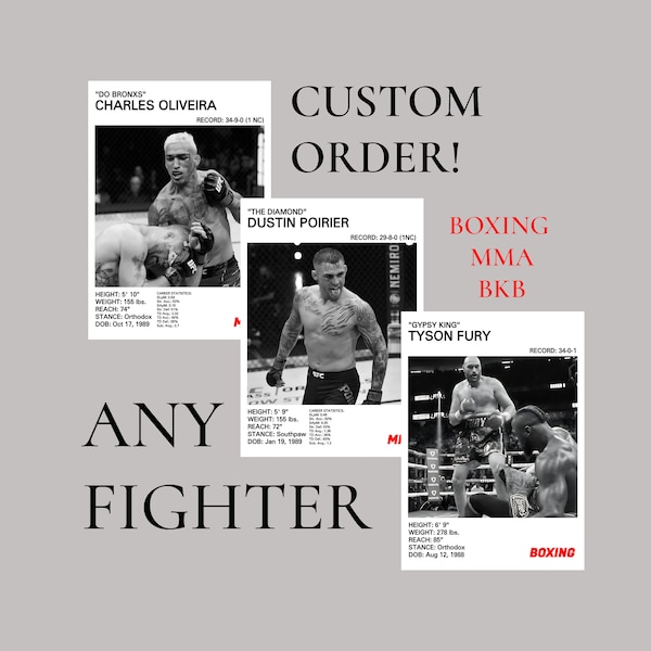 Custom MMA, Boxing, Bare Knuckle Boxing Poster, Choose any Fighter, Includes Stats, Photo and More! Personalised Gift.