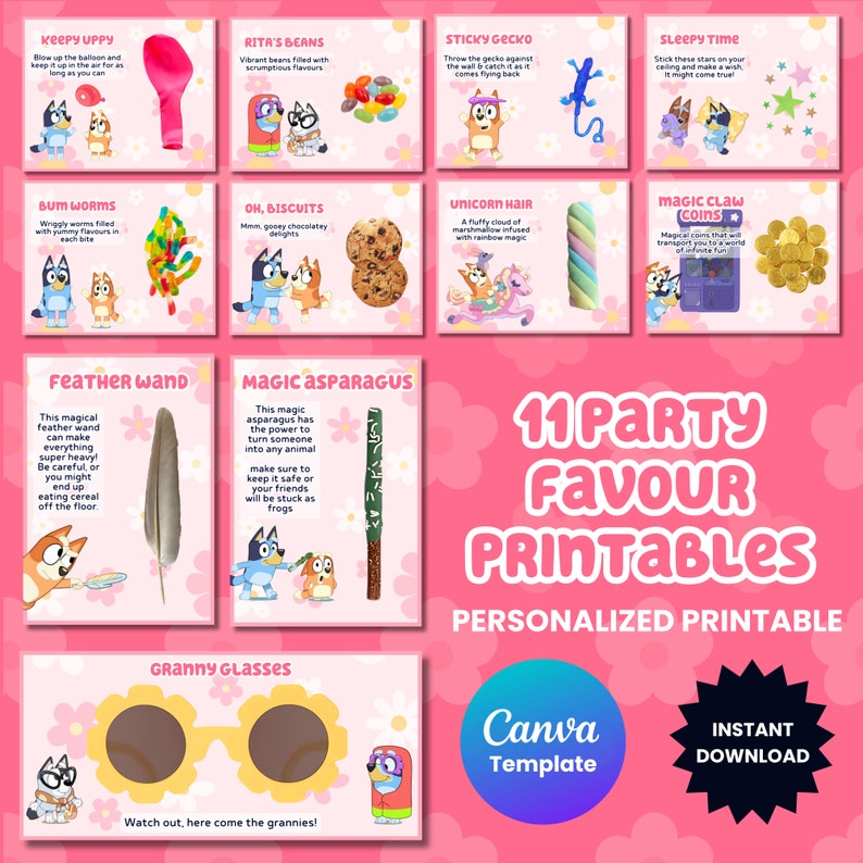 11 Girl Bluey Party Favor Printables, Personalized Bluey Birthday ...