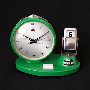 Vintage 1970s Green Desk Clock: Calendar Alarm Clock