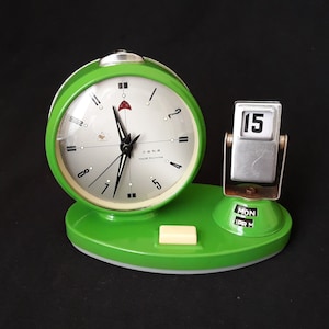 Vintage 1970s Calendar Alarm Clock: Space Age Desk Clock