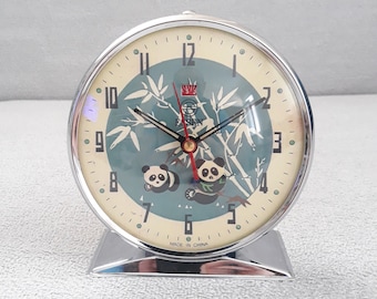 Vintage Panda Table Clock: 1970s Mechanical Alarm Clock