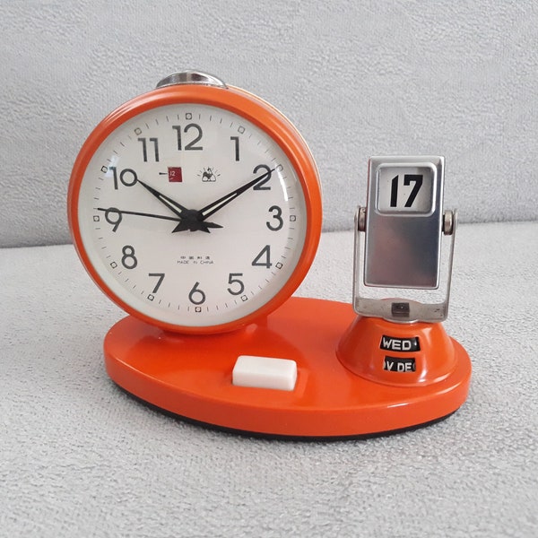 Vintage Clock, Alarm Clock, Calendar Clock, Desk Clock, Antique Clock, Orange Clock, Space Age Clock, Space Age, Clock