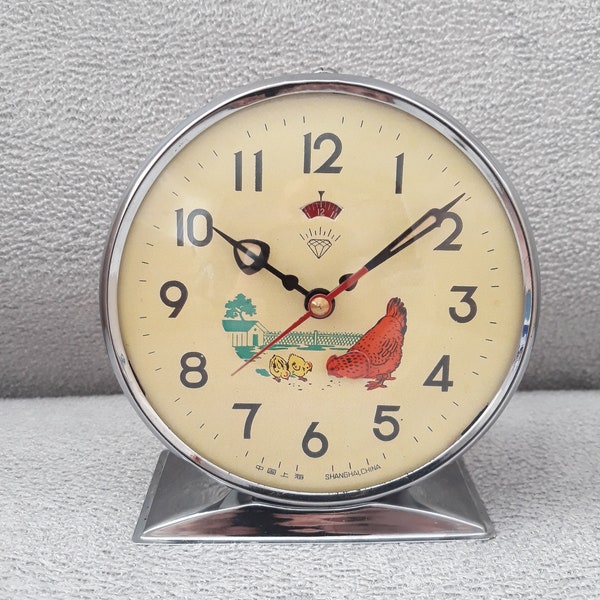 horloge vintage, horloge mécanique, horloge animée, horloge poulet, horloge coq, horloge poussin, réveil, horloge de table, horloge ancienne