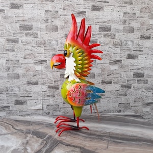 Vintage Hand Painted Metal Parrot Sculpture: Rare Handmade Decor