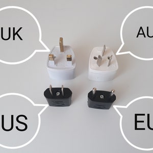 May include: Four different electrical plug adapters labeled UK, AUS, US, and EU. The UK and AUS adapters are white, while the US and EU adapters are black. Each adapter has a unique plug configuration.