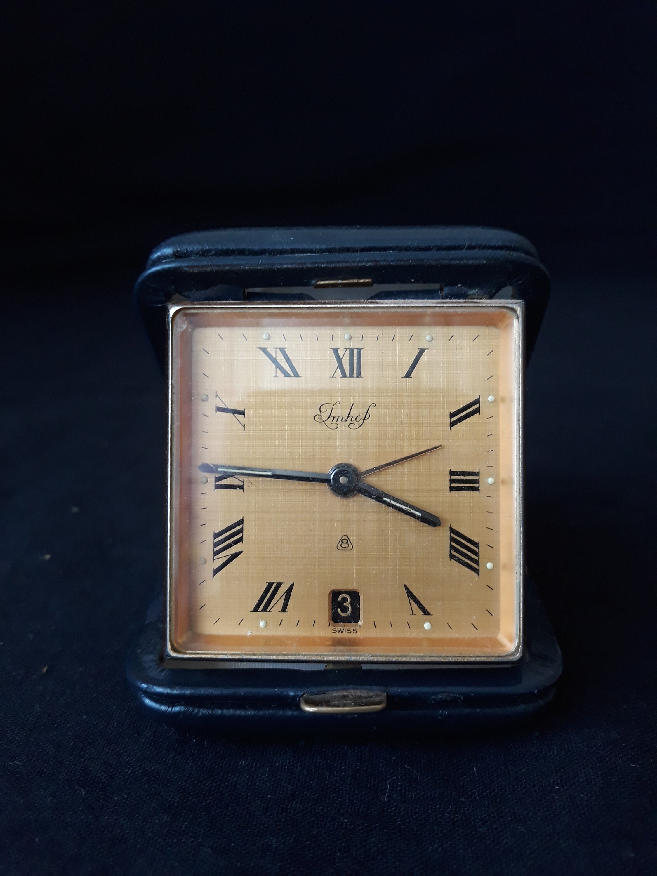 Rare Imhof Calendar Alarm Clock: 1950s Swiss Made 8-day Antique
