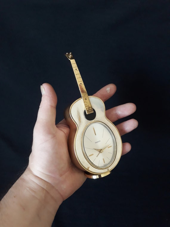 【希少・完動品】SWIZA ギター型 置時計 オルゴール アラーム スイス製 Rare Antique Swiza Guitar Melodi Musical Alarm Clock - 1950s Swiss