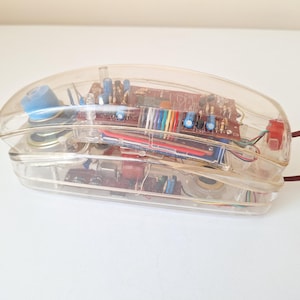 Teléfono vintage transparente de los años 80, teléfono de escritorio giratorio funcional, decoración de oficina retro.