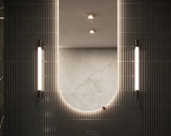 Half Circle LED Backlit Mirror – custom size- Arched Vanity Wall Mirror, Modern Japandi Design
