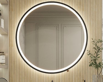 Black Frame Round LED Mirror, Modern Bathroom Vanity Mirror