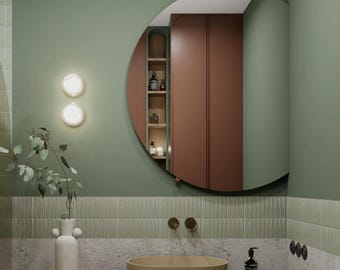 Asymmetrical Round Mirror – Frameless Bathroo – Modern Neutral Design