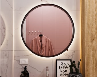 Round LED Bathroom Mirror – Black Backlit Wall Vanity with 20mm Overlapping Edge – EU Made