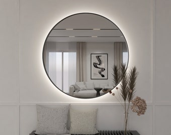 Round LED Bathroom Mirror, Black Metal Frame, Modern Illuminated Wall Mirror