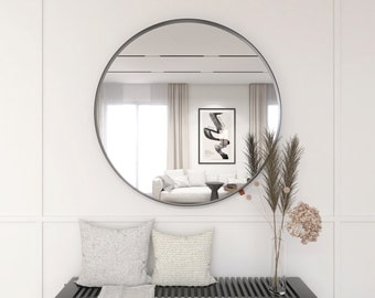 Black Metal Frame Round Mirror, Modernist Wall Decor