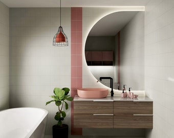 LED Backlit Half-Moon Mirror: Modern Bathroom Vanity Lighting