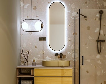 LED Bathroom Mirror, Oval Metal Frame, Modern Illuminated Mirror