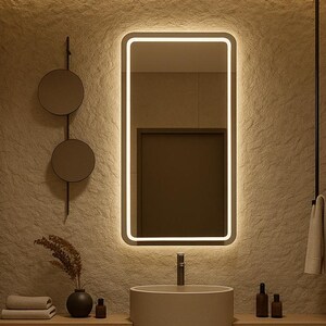 Rectangular LED Mirror with Front Sandblasted Frame Modern Bathroom Mirror Warm Backlit LED Made in Europe