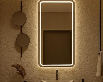 Rounded Rectangular LED Mirror with Sandblasted Frame, Modern Bathroom Lighting