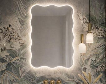 Wavy LED Bathroom Mirror – Organic Backlit Vanity – Irregular Designer Wall