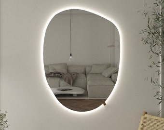 Organic LED Wall Mirror – Japandi Backlit Vanity Mirror – Asymmetrical Design – Made in Europe