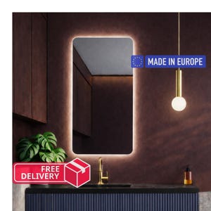 Rounded Rectangular LED Bathroom Mirror – Backlit Wall Mirror with Soft Glow, Modern Japandi Design