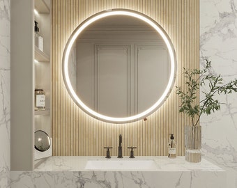 LED Round Bathroom Mirror, Modern Lighted Wall Mirror