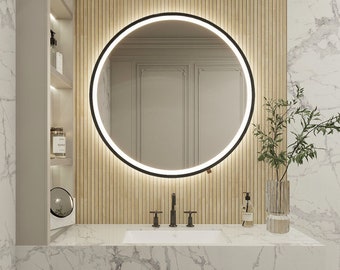 LED mirror with round front in black frame, wall mirror, mirror with LED lighting, bathroom mirror, round mirror,modern mirror makeup mirror