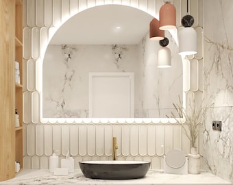 Half Circle LED Backlit Bathroom Mirror – Arched Vanity Wall Mirror, Modern Japandi Design