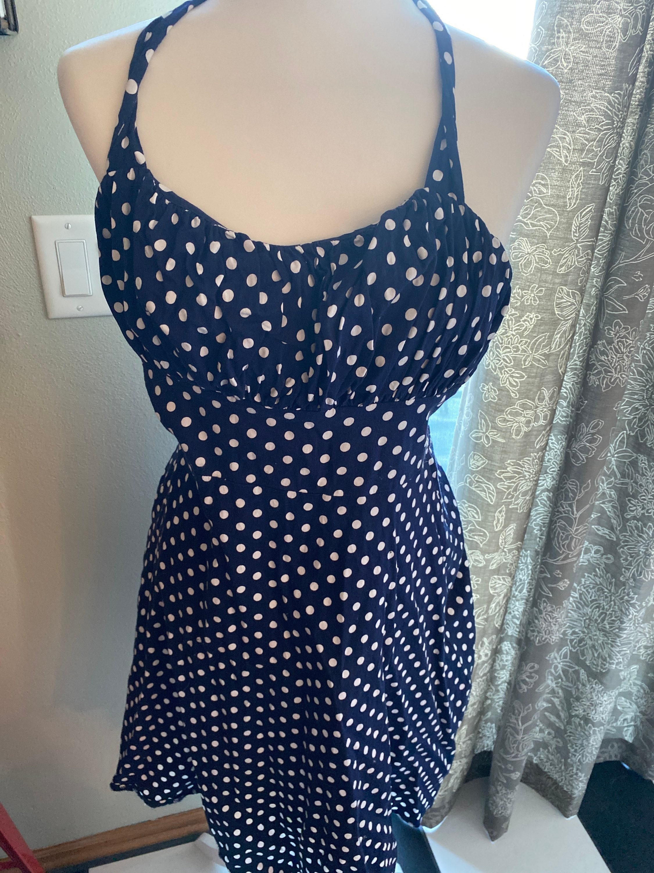 Navy polka dot halter dress sales