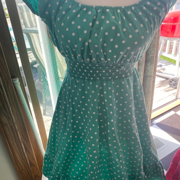 Green polka dot peasant dress with elastic top and elastic waist