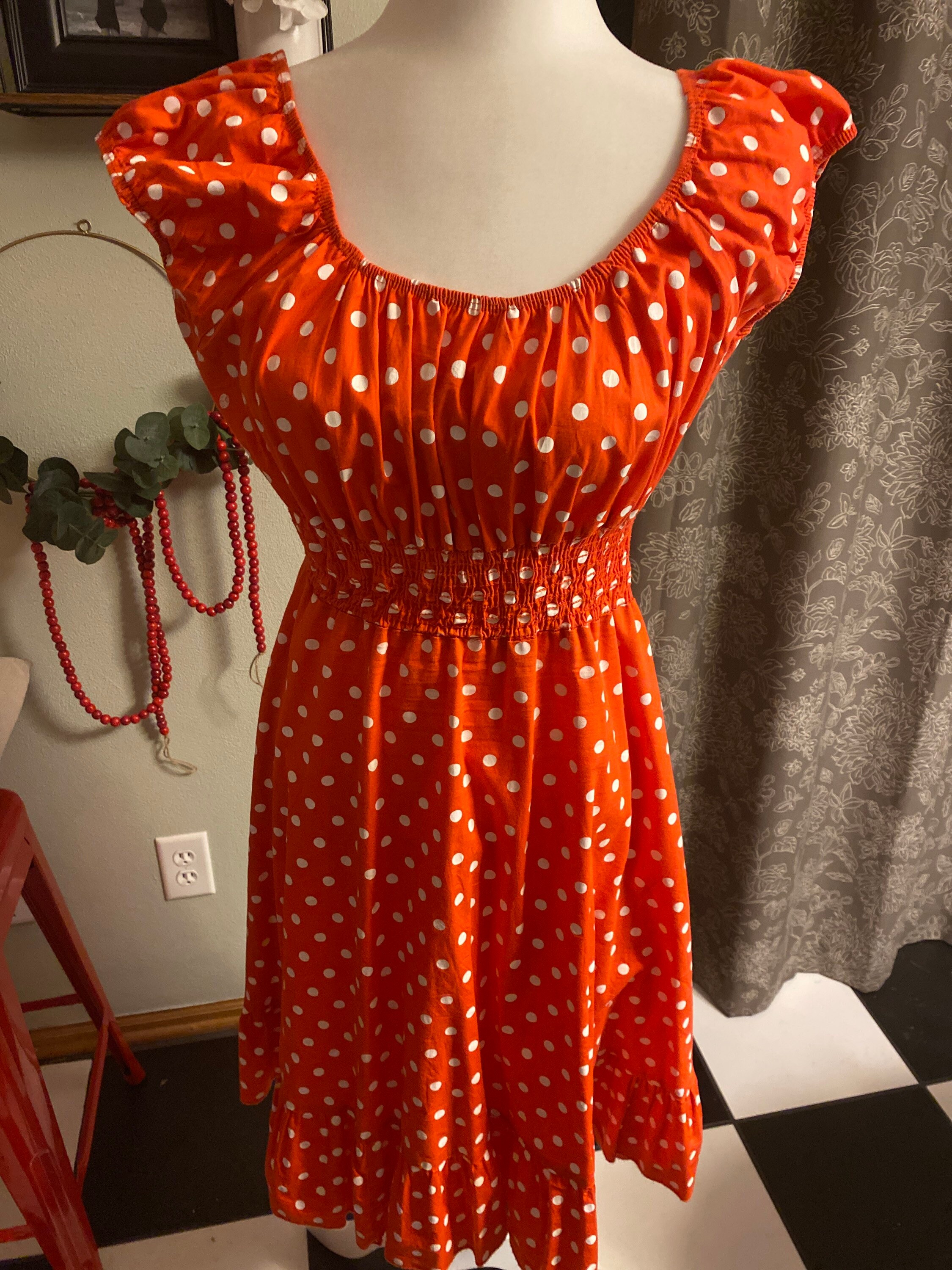 Orange Peasant Dress With White Polka Dots Etsy