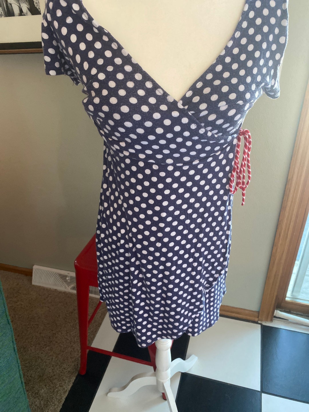 Blue polka dot wrap dress hot sale