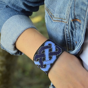 Celtic Pattern Loom Beaded Cuff Bracelet Black Blue Dark Silver