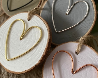 Rustic Wood Slice Heart Ornament: Painted Log, Wire Heart