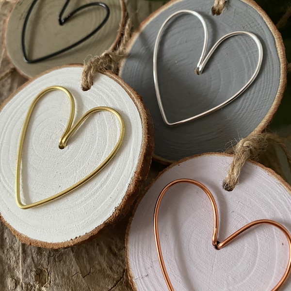 Rustic Wood Slice Heart Ornament: Painted Log, Wire Heart