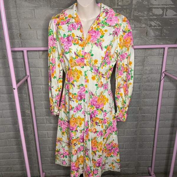 Vintage Floral Barkcloth 1970s Design Dress