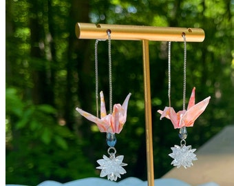 Origami diva threader earrings, paper crane earrings, adjustable