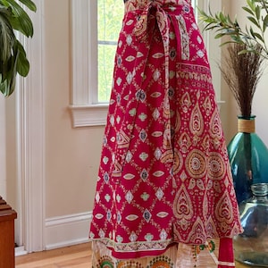 Reversible scarlet red floral skirt, silk sari, one size boho wrap skirt with tie