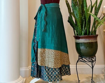 Reversible teal wrap skirt, one size sari skirt with tie, long boho wrap skirt