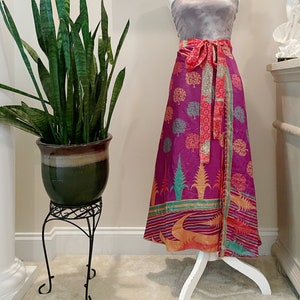 Reversible premium silk tree of life wrap skirt, one size sari wrap skirt, long boho skirt with tie